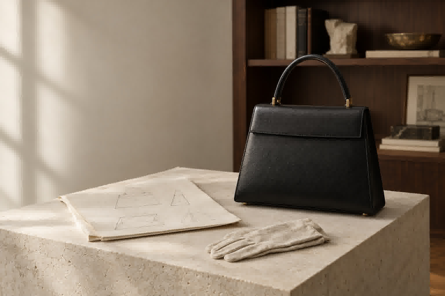 An unbranded black leather top-handle bag in a softly lit design archive